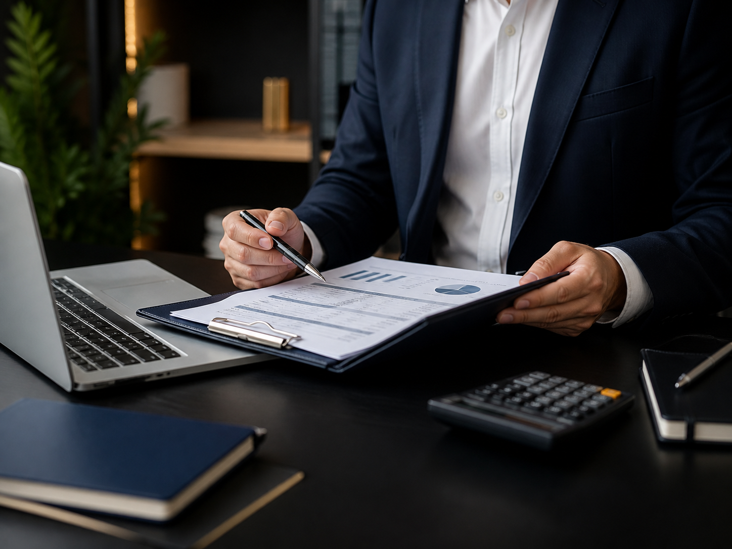 Asesor financiero revisando documentación para evaluación personalizada