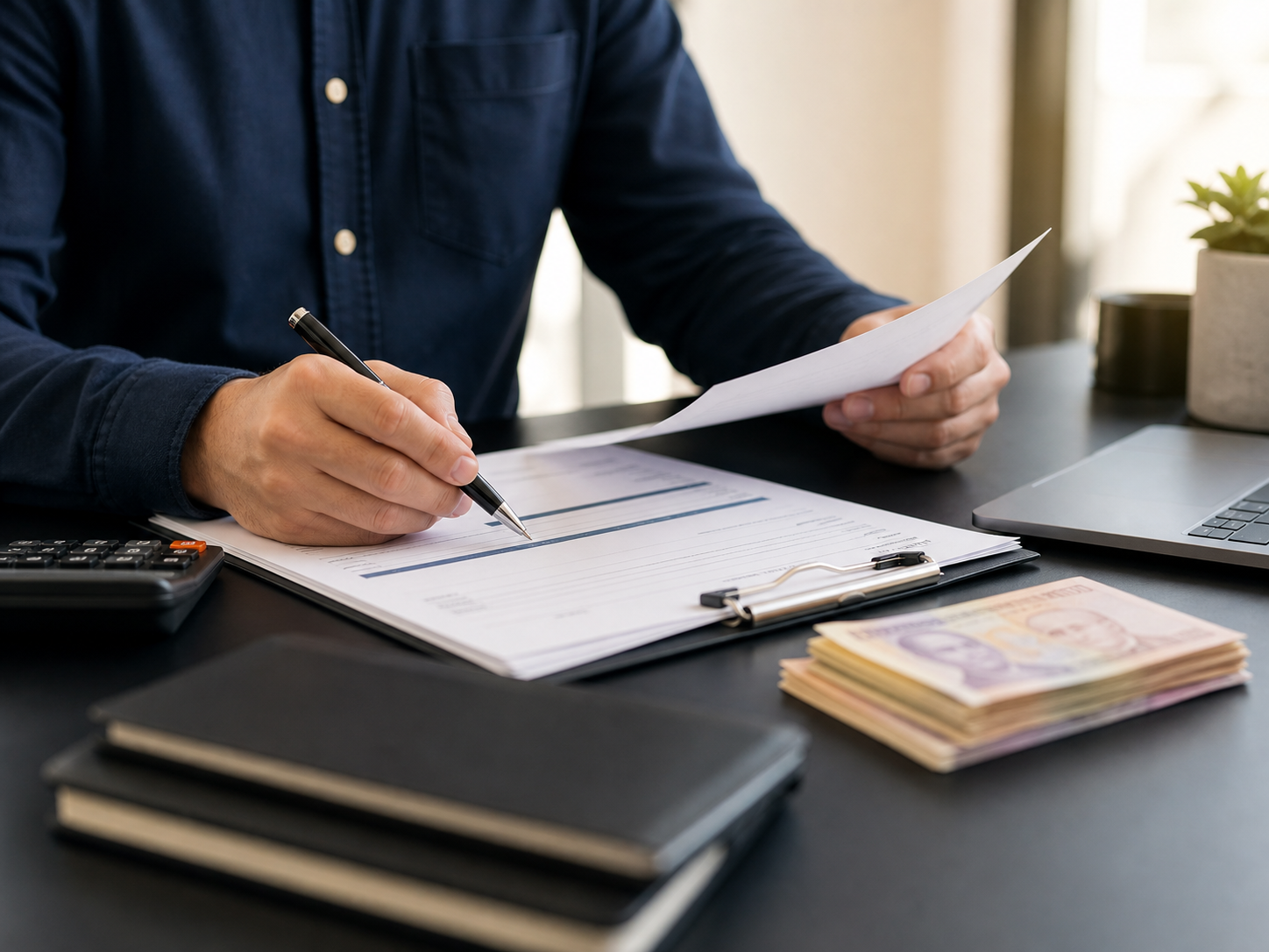 Persona revisando documentación financiera para un préstamo personal