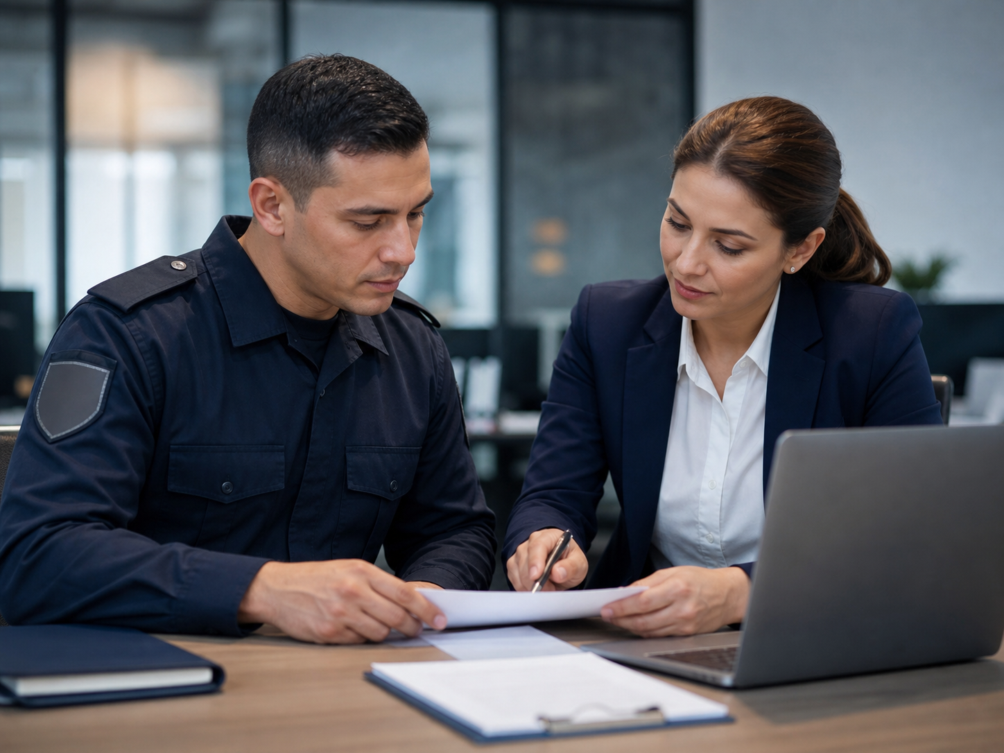 Personal de seguridad revisando documentación de préstamo